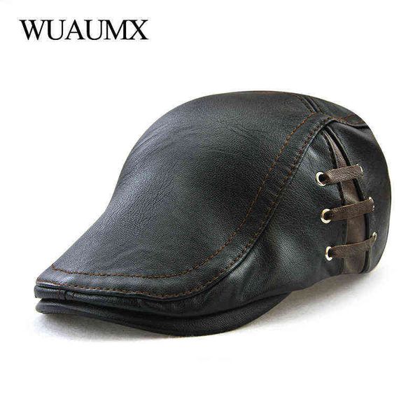 

wuaumx autumn winter pu leather beret hats for men faux leather beret hat with ring men visor flat cap wholesale j220722, Blue;gray