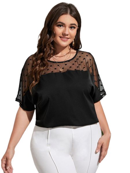 

plus contrast dobby mesh batwing sleeve blouse s23z#, Black