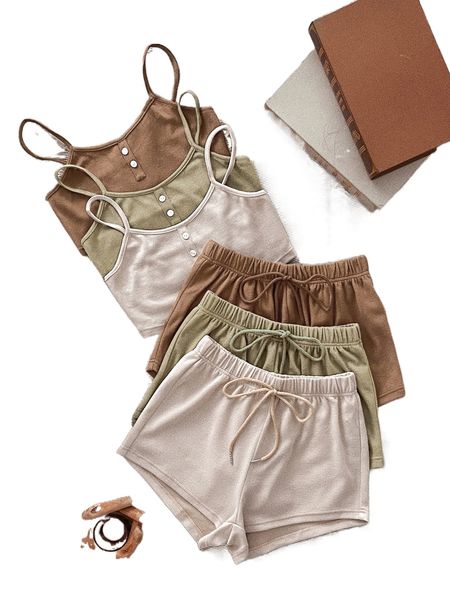 

3sets single breasted cami & tie front shorts lounge set s5mp#, Black;red