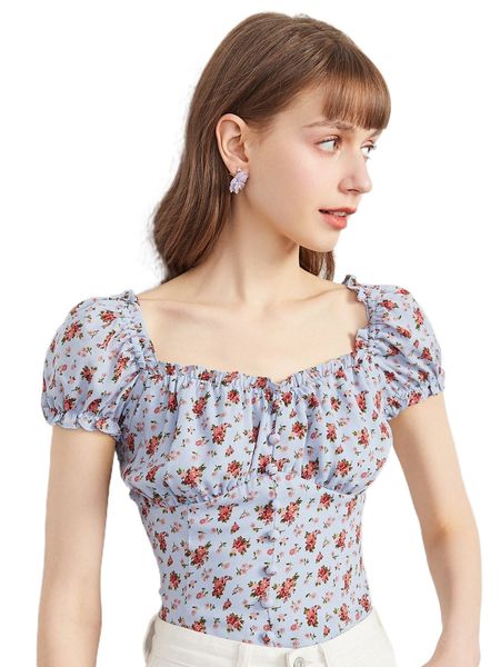 

ditsy floral print ruched bust frill trim puff sleeve blouse n1yx#, White