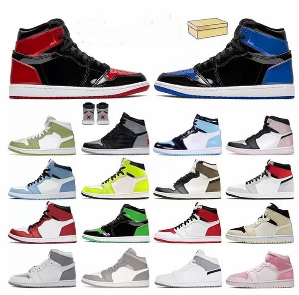 

2022 with box jumpman 1 1s basketball shoes rebellionaire banned patent bred royal blue green python visionaire stealth shadow linen mens tr, Black