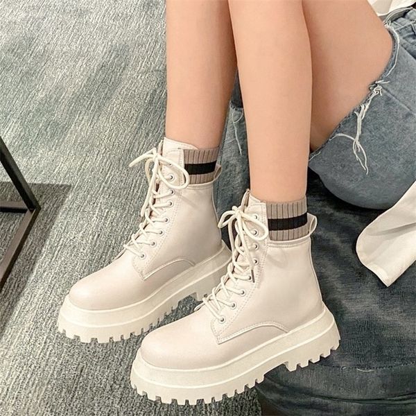 

rimocy patchwork knit fashion platform ankle boots for women pu leather chunky boots woman lace up casual shoes 201103, Black