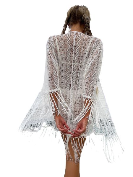

fringe trim lace kimono r6pr#, White;black