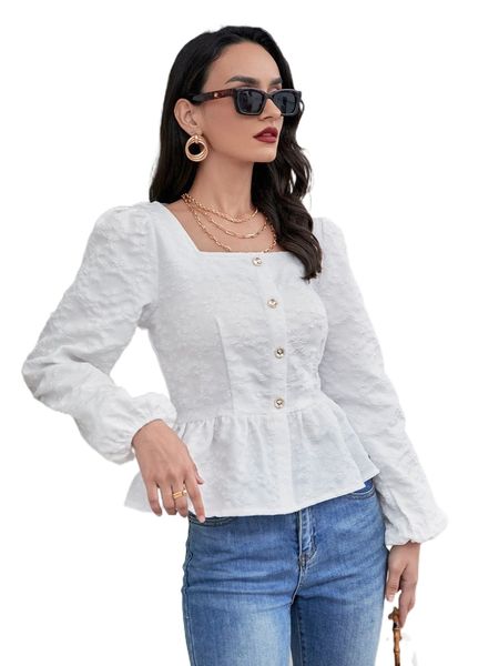 

textured lantern sleeve peplum blouse k0qv#, White