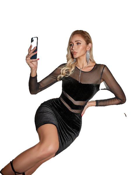 

d& sheer mesh yoke velvet dress 92gx#, Black;gray