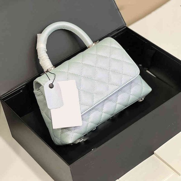 

22pw womens classic mini flap co handle tote bags luxury designer iridescent pearly pink blue quilted silver hardware matelasse chain cr