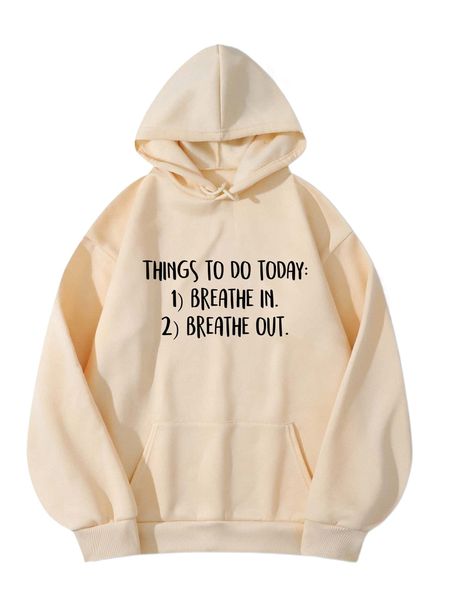 

slogan graphic kangaroo pocket drawstring thermal hoodie i9xk#, Black