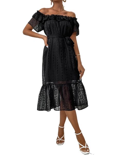

off the shoulder flounce hem belted dress l6hk#, Black;gray