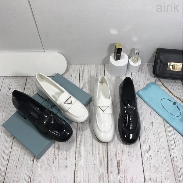 

the latest luxury designers dress flat chunky heel women casual shoes low-100% patent leather round toes metal buckle black white size
