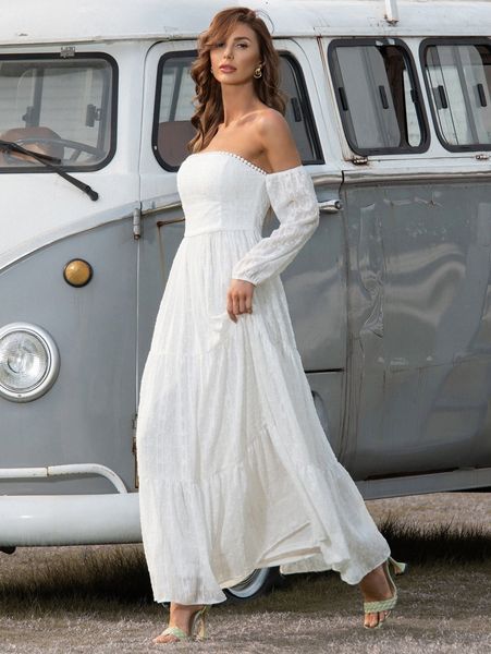 

missord off shoulder pom pom detail swiss dot dress y7a1#, Black;gray