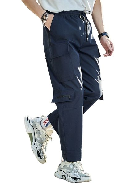 

men drawstring waist cargo pants q51g#, Black