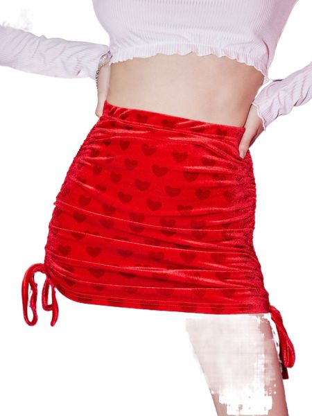 

romwe heart print velvet drawstring skirt e4iw#, Black