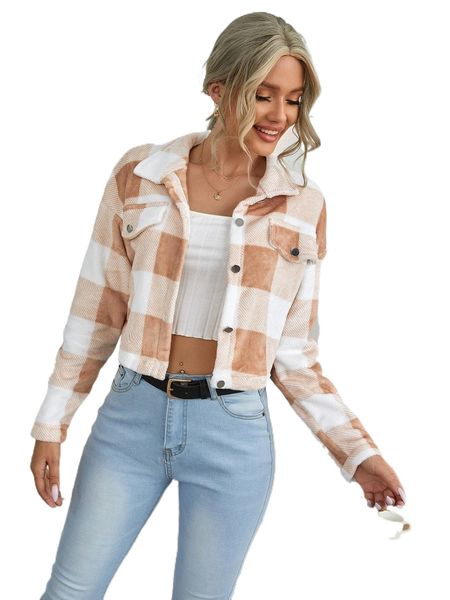 

button front drop shoulder buffalo plaid jacket z3s8#, Black;brown