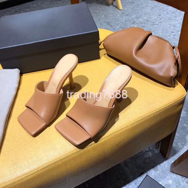 

slippers summer one-line slippers high-heeled cowhide thin heel square toe exposed sandals women's fashion, Black