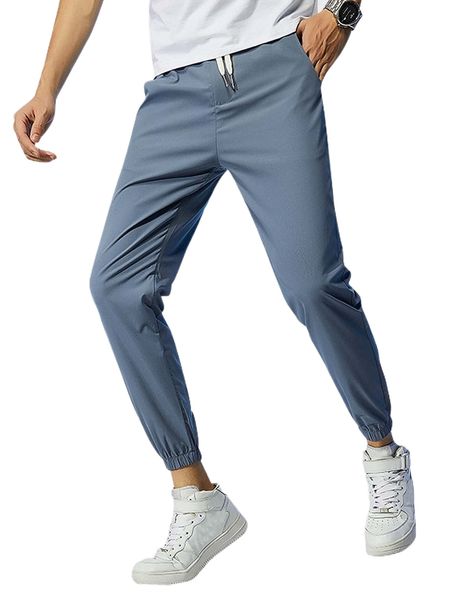 

men drawstring waist slant pocket tapered pants l7lu#, Black