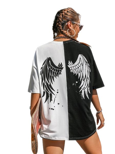 

drop shoulder two tone wing print longline tee b8ob#, White