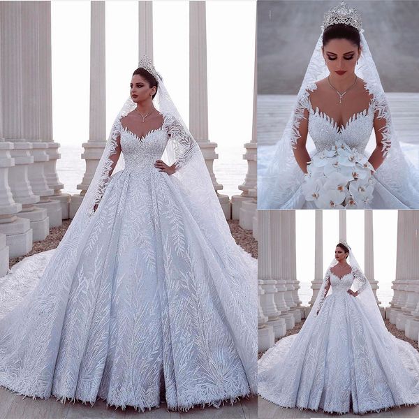 Arabisches Prinzessin-Ballkleid-Hochzeitskleid Dubai V-Ausschnitt Pailletten Spitze Applikationen Perlen Rüschen Brautkleider