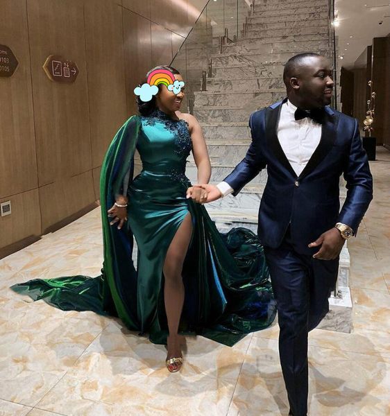 

hunter green mermaid prom dresses for african with high slit high neck elastic satin kaftan dubai evening dresses plus size, Black