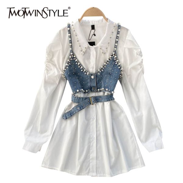 

patchwork diamond pearl set for women lapel long sleeve shirt short denim vest chic two piece sets female fashion 210423, White