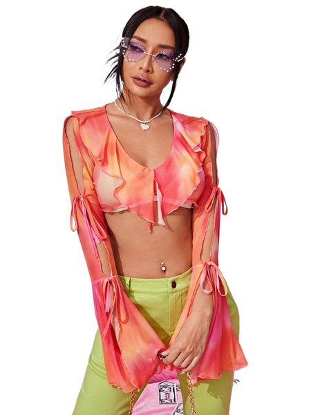 

tie dye ruffle trim knot detail bell sleeve crop c8bf#, White