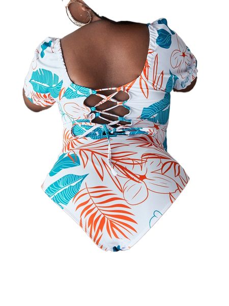 

plus tropical print lace up back one piece swimsuit d1js#, White;black
