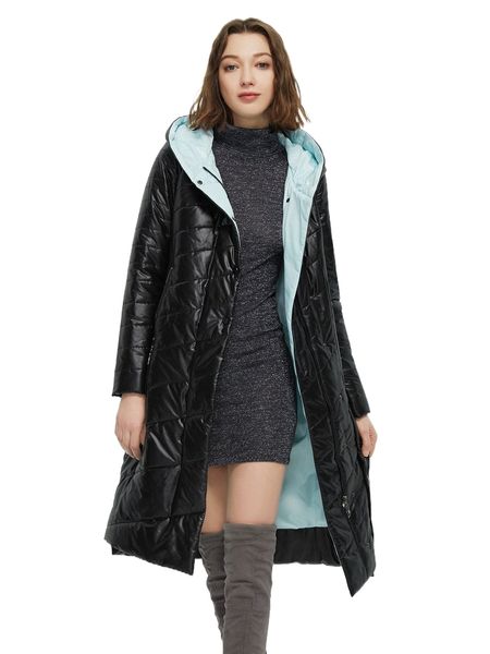 

zip up hooded belted padded winter coat 37dx#, Black