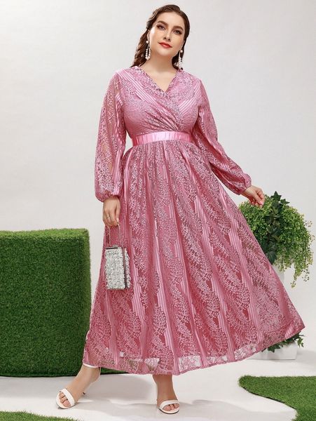 

plus v-neck bishop sleeve solid lace dress r63j#, Black
