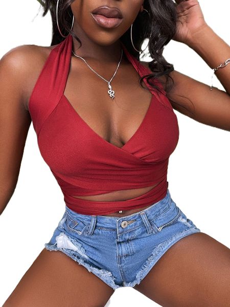 

criss cross tie backless crop halter w3an#, White