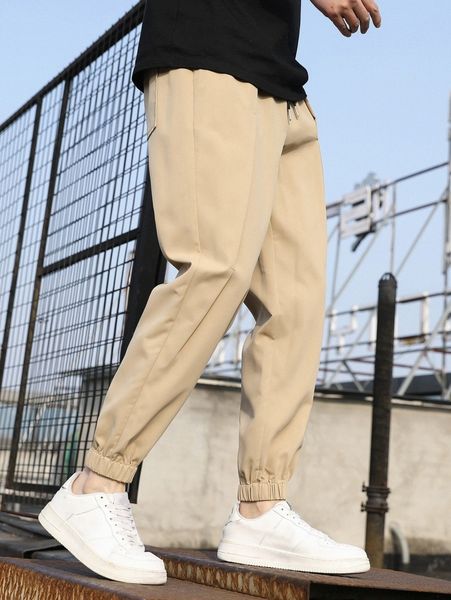 

men plicated detail drawstring pants 985u#, Black