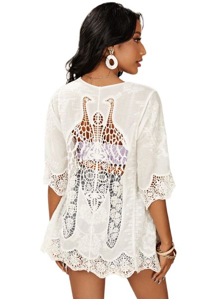 

peacock pattern guipure lace insert scallop trim kimono g0gi#, White;black