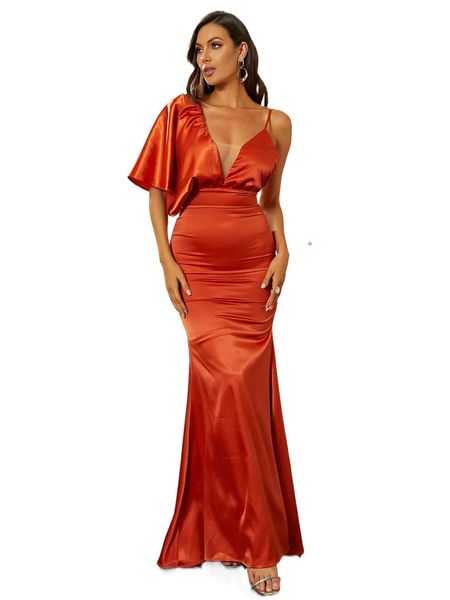 

missord asymmetrical shoulder contrast mesh batwing sleeve mermaid hem satin formal dress i0ty#, Black;gray