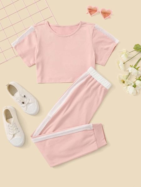 

girl's eyelet detail stitching side seams short t-shirt and sweatpants she, White