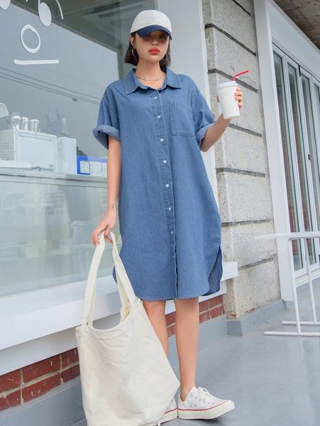 

dazy patched pocket drop shoulder curved hem denim shirt dress j2cp#, Black;gray