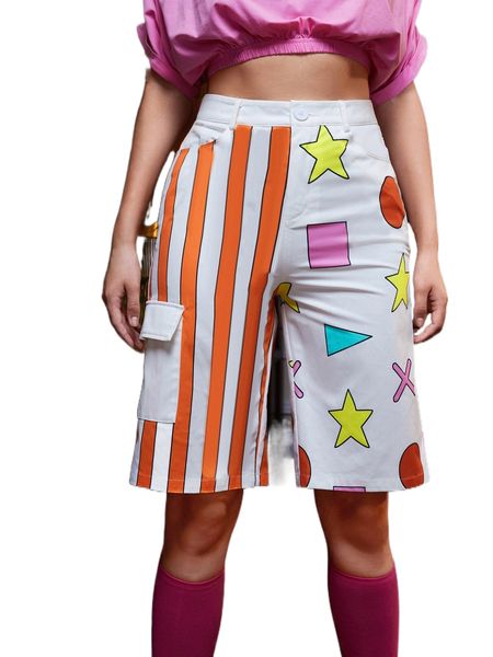 

x smyle high waist striped & geo print shorts l0v8#, White;black