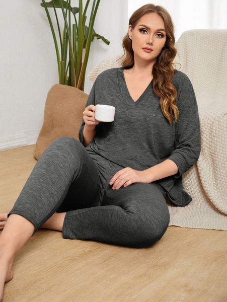 

plus drop shoulder solid tee & pants pj set 90s6#, Black;white