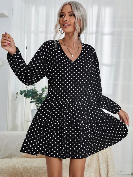 

v neck polka dot print dress w7vf#, Black;gray