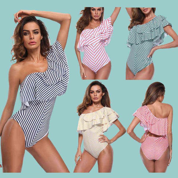 

stripe one-piece fashion leaky diagonal shoulder swimsuit, White;black