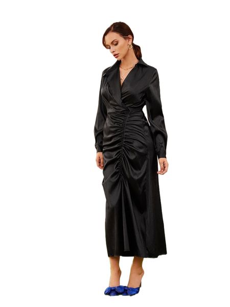

surplice neck ruched drawstring split thigh shirt dress s6n2#, Black;gray