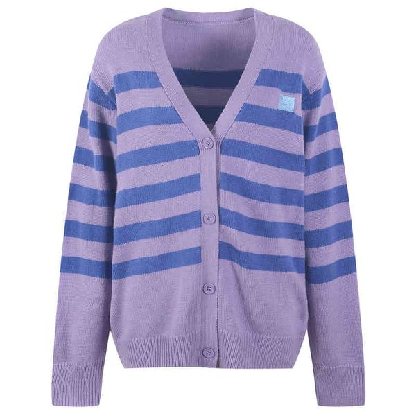 

women's knits tees autumn and winter knitted cardigan women's fashion v-neck long sleeve contrast color loose thin striped smiling, White