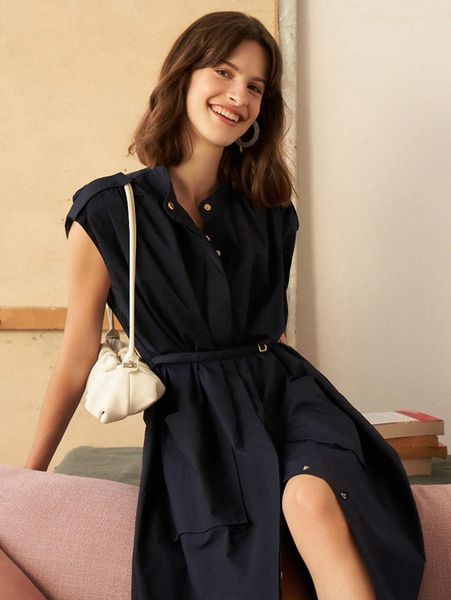 

100% cotton gathered belted shirt dress 17kz#, Black;gray