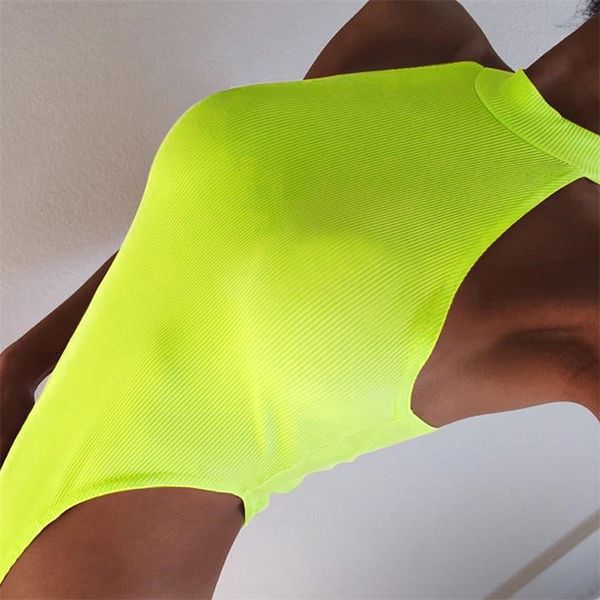 Nadafair Ribbed Neon Halter Bodysuit 2019 Связь Сексуальное лето -ромп боди женщин апельсиновый рукавиц с высокой шеей.