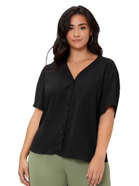 

plus solid button front blouse w664#, Black
