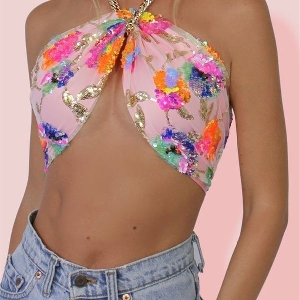 Blumen-Pailletten-Stickerei, rosa Sommer-Crop-Top mit Halskette zum Binden, volles Futter, Abend-/Nacht-Party-Cami-Kette 220318