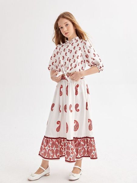 

girls paisley print blouse & skirt set she, White
