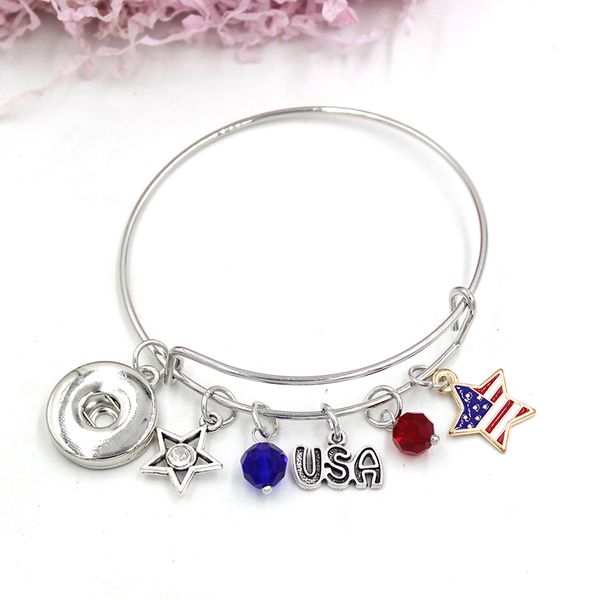 

wholesale new arrival expandable wire bracelets liobonar snap buttons charm patriotic style america usa flag bracelet bangle for women gift, Golden;silver