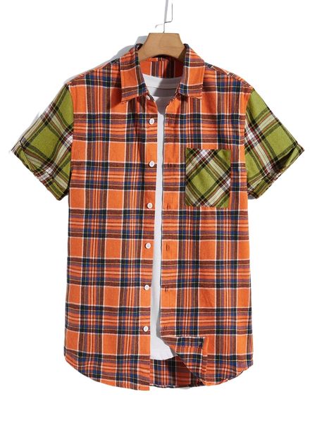 

men tartan print patched pocket shirt k0hb#, White;black