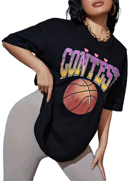 

sxy basketball & letter graphic drop shoulder tee x97r#, White