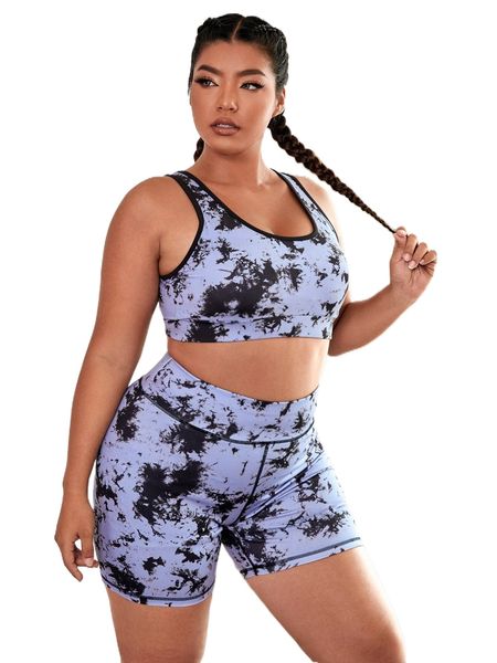 

plus four-way stretch tie dye contrast binding scrunch butt sports set n0id#, Black