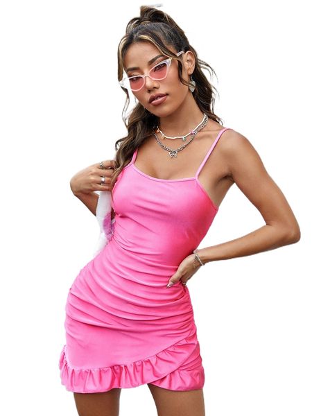 

ruched ruffle trim wrap cami dress r5l6#, Black;gray