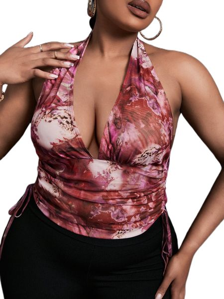 

sxy plus tie dye backless drawstring mesh halter t8ju#, Black